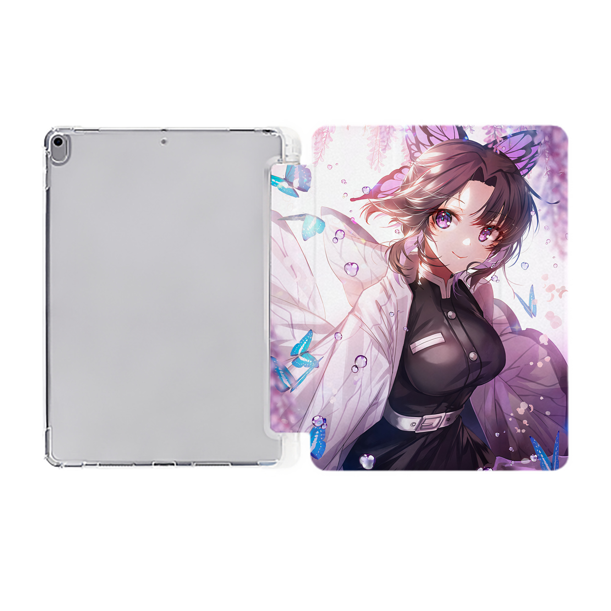 （画像用） 鬼滅の刃（きめつのやいば）蟲柱-胡蝶 しのぶ／こちょう しのぶ Kochou Shinobu IPad ケース ペン収納付き 三つ折りスタンド PUレザー×シリコン 対応機種9.5/10.5/10.9インチ
